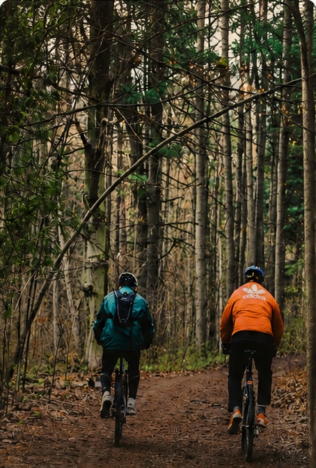 Due persone in bicicletta nel bosco